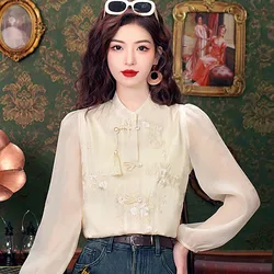 Mode Chinese Stijl Borduurwerk Chiffon Vrouwen Shirt Blouse Tops Blusas Mujer De Moda 2024 Lange Mouw Blouse Vrouwen Blusa H523