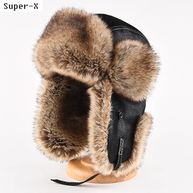 Faux Fur Leather Winter Ushanka Hat for Men Pilot Aviator Trapper Hat Snow Skiing Cap Ear Flaps Thick Winter Bomber Hat Male