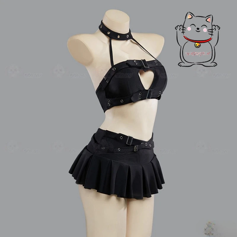 Traje de baño gótico de Anime y2k con cuello hueco en forma de corazón, falda de playa punk, traje de baño para tomar el sol