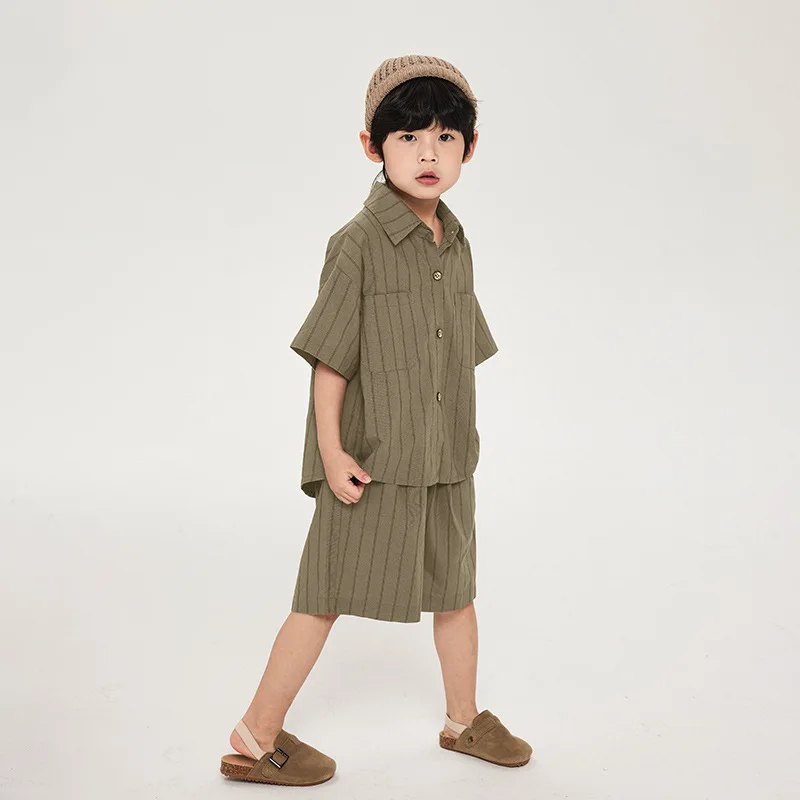 Boy Cotton-Linen Stripe Short Sleeve Pants 2piece Set 26 Summer Autumn Children Shirt Shorts Clothes 3-12 Years Old Money Outfit