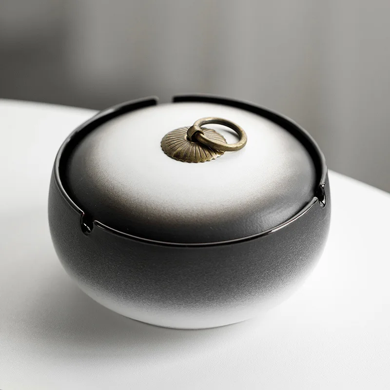 Ashtray home living room office high sense gradual change ceramic cover anti fly ash creative Chinese style logo