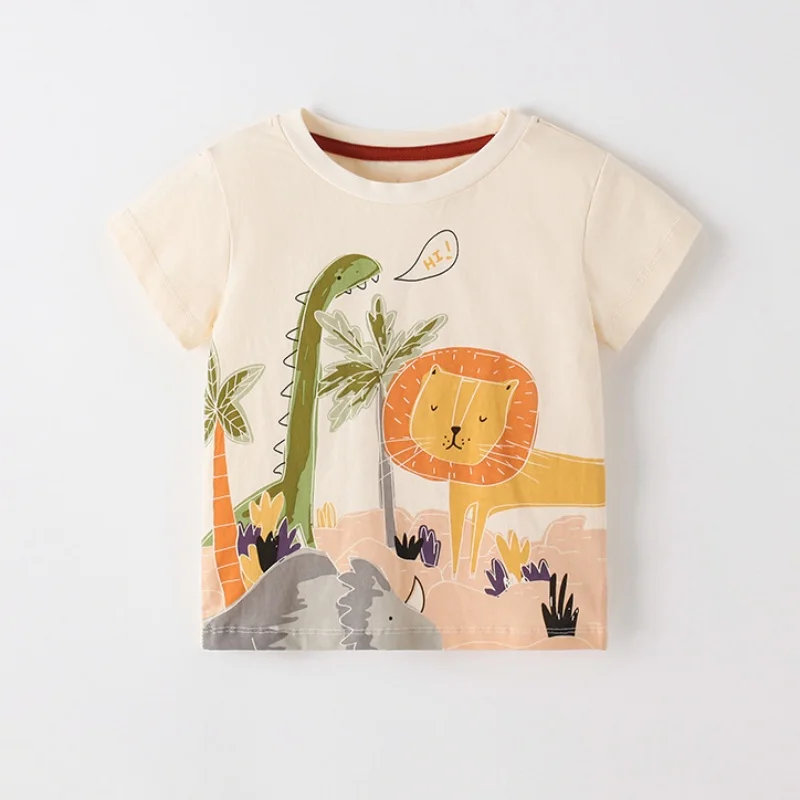 2026 Summer 3 4 5 6 8 10 12Children's Clothing Dinosaur Tiger Pattern Short Sleeve Cotton Basic Tops Kids Boy Cartoon T-Shirt