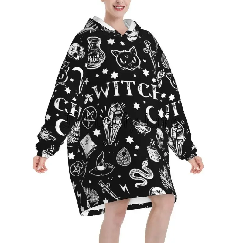 Black and White Witches Magic Cat Snake Skull Moon Magic Oversized Blanket Hoodie Women Wearable Fleece Pullover Soft Warm Cozy