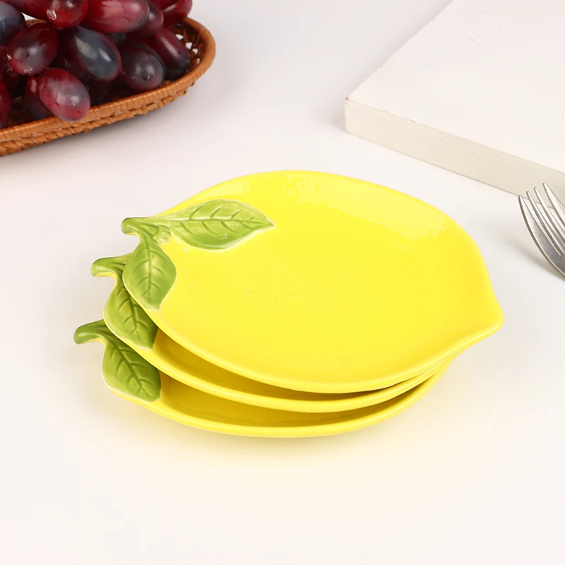 Plato de cerámica con forma de limón de dibujos animados creativos, plato de ensalada, plato de aperitivos de frutas familiares, accesorios de utensilios de cocina