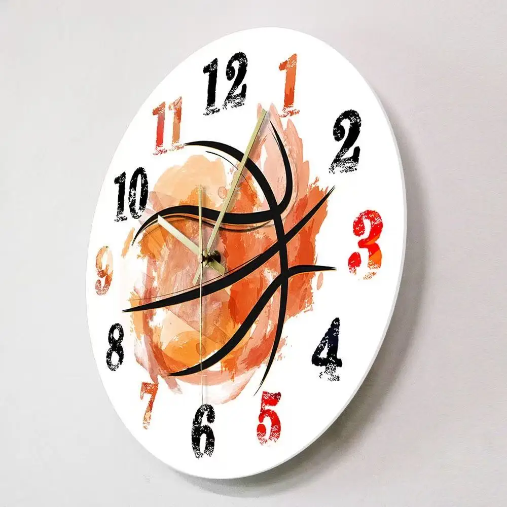 Watercolor Basketball Wall Clock Sports Art Silent Scan Quartz Watch Boys Bedroom Living Room Gym Decor Basketball Fan Gift