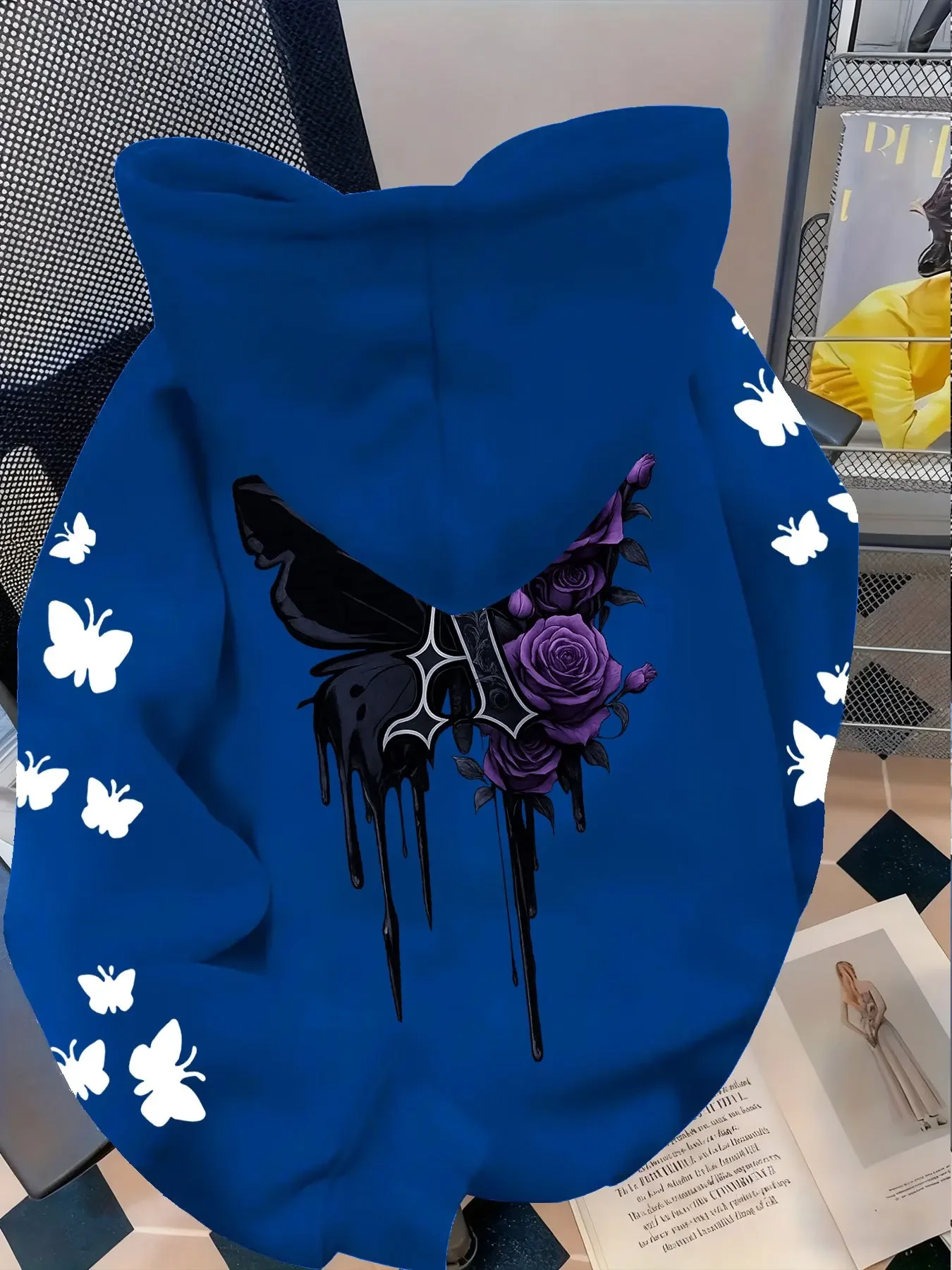 Herren Gothic Hoodie Lila Rose Schwarzer Schmetterling Drip Ästhetischer Grafikdruck Locker Sitzender Vintage Streetwear Pullover Sweatshirt – Detail 14