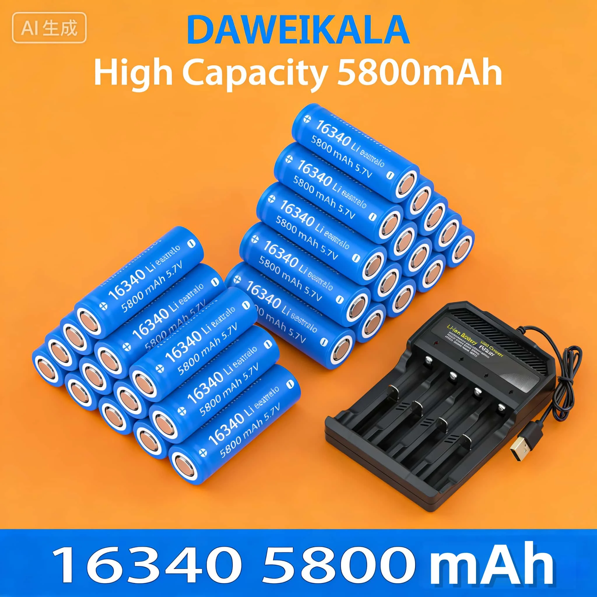 NEW 16340 CR123A Rechargeable Battery 3.7V 5800mAh Li-ion – with Wall Charger