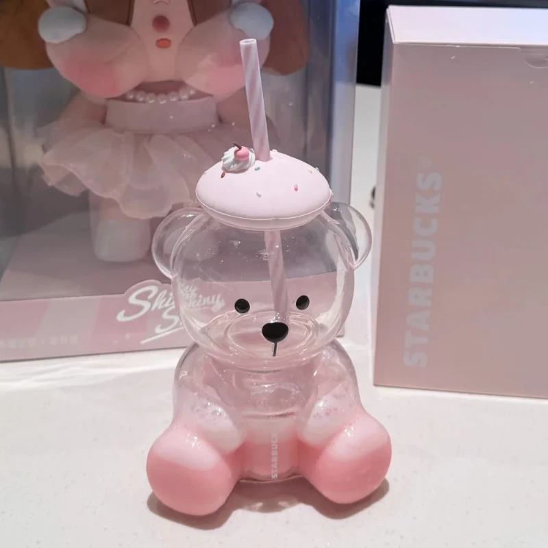 Vaso de vidrio Starbucks de 660 ml con diseño de oso, tapa con diseño de pastel de chispas rosas, pajita a rayas, ligero y duradero, para bebidas en casa o fiestas.
