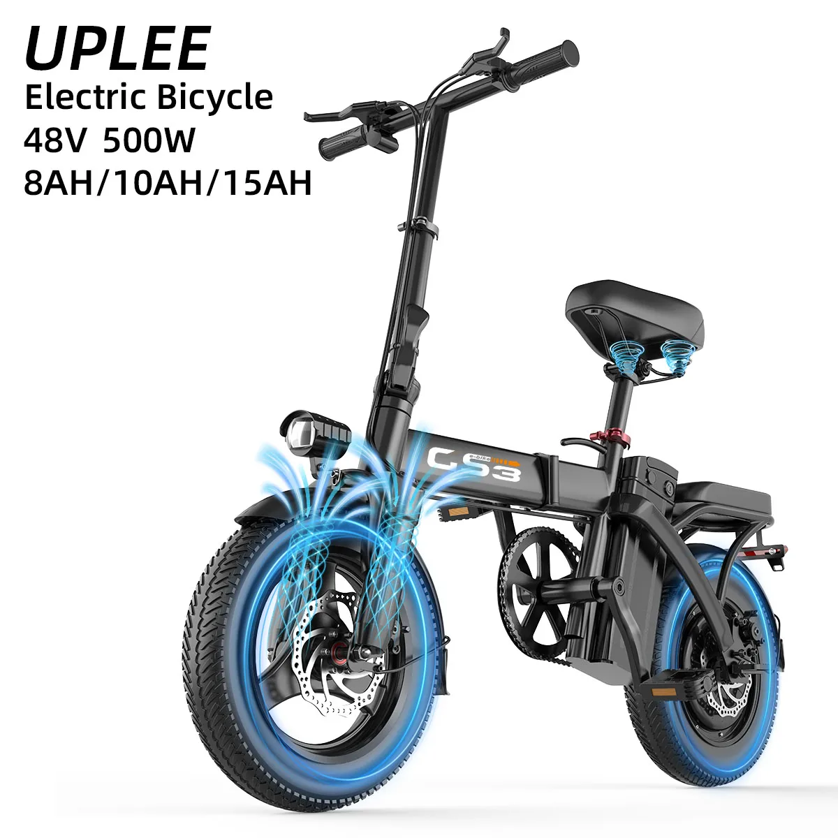 UPLEE GS3 14Inch Folding Electric Bike for Adult Commuters 48V 500W 15AH Peak 20MPH 15-18 Miles Range Disc Brake Lightweight E-bike