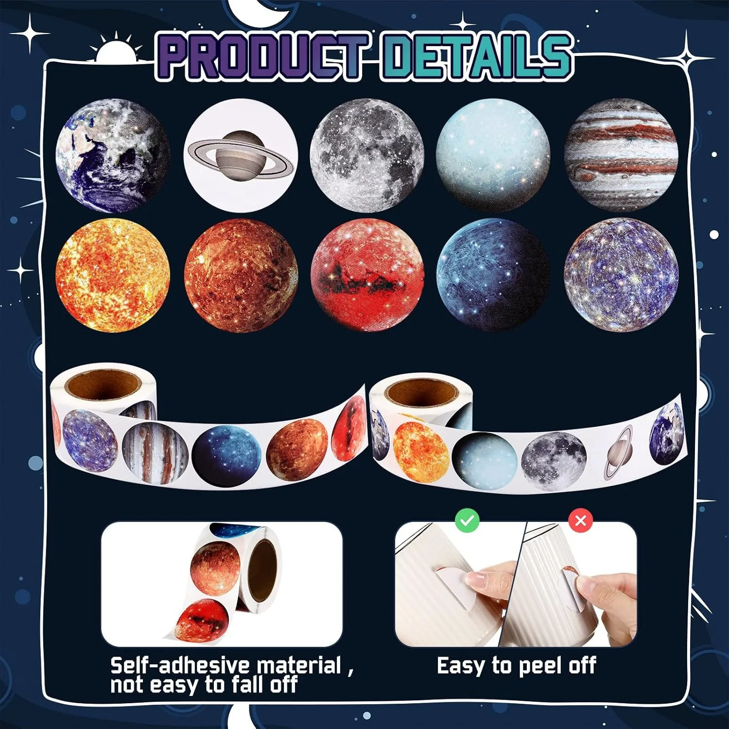 500Pcs /1 Rolls 2.5cm/1inch Planet Space Planet Circle Sticker Decoration Gift Box Sticker Label Stationery Sticker