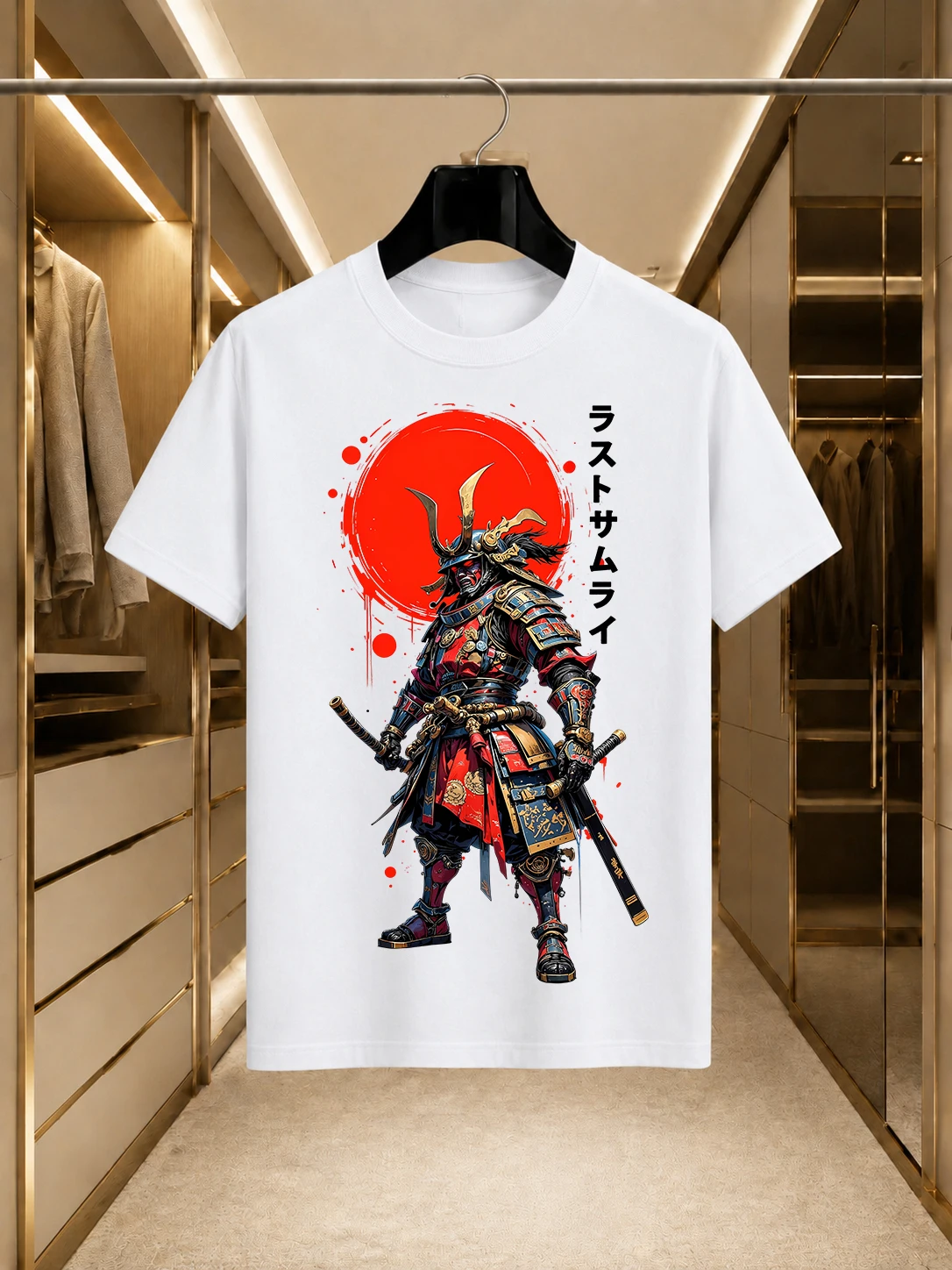 2026 New Arrival 100% Cotton T-shirt Japanese Samurai Armor Katana Red Sun Ink Splash Ukiyo-e Print Crew Neck Casual Short Sleev