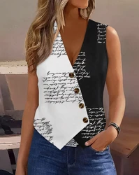 Canotta da donna 2024 Estate New Fashion Color Block Lettera Stampa senza maniche Bottone con scollo a V T-shirt Canotta