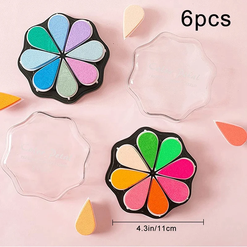 48 Colors Craft Ink Pads, 6 Packs Washable Finger Ink Pads For Paper Wood Fabric Pigment Stamping, Flower Petal