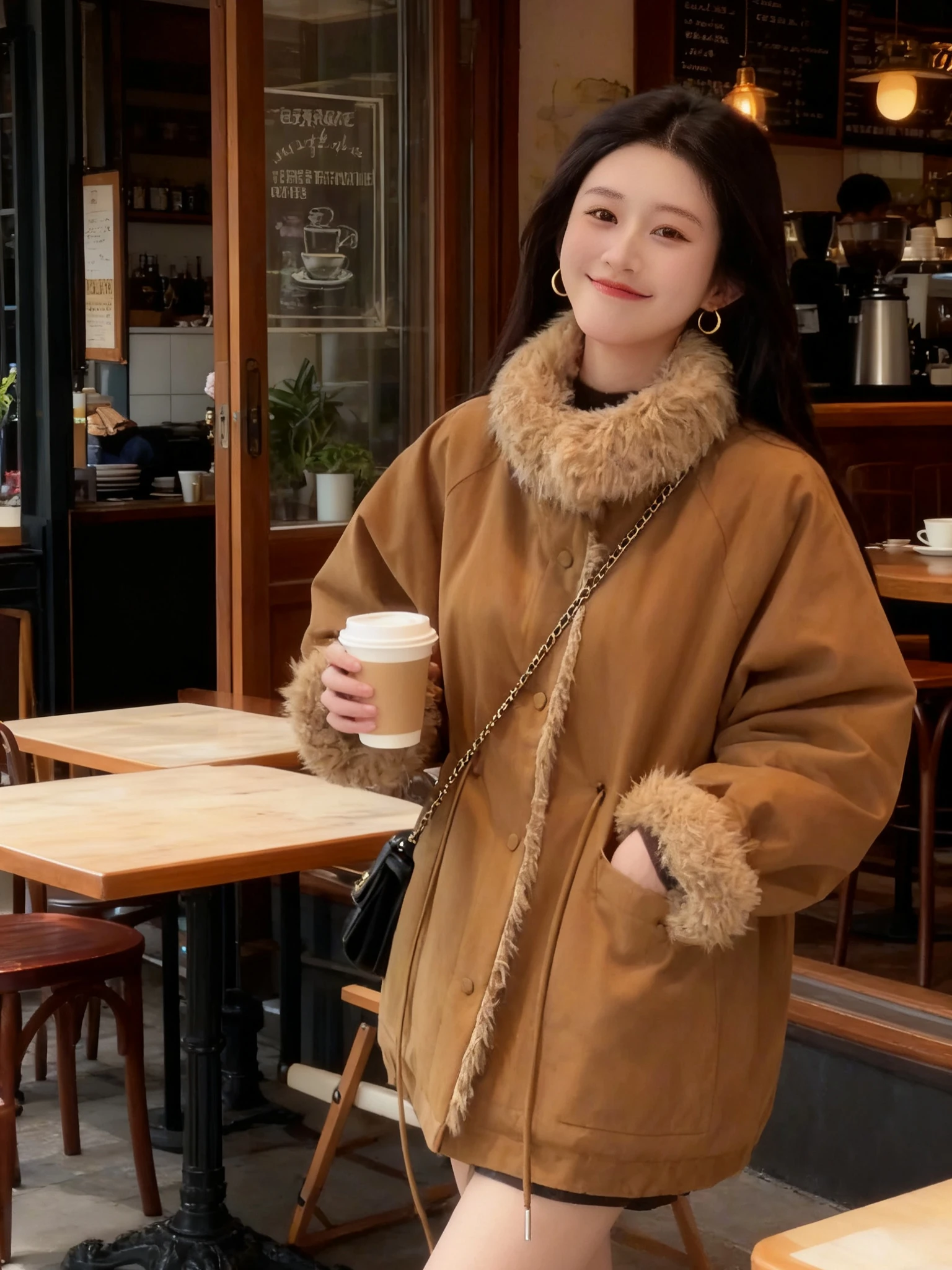 

Retro Khaki Lamb Fur Collar Women's Winter Coat High-End Feelings Mid-Length Warm Parka Cotton Jaet Long Sve Button Closure