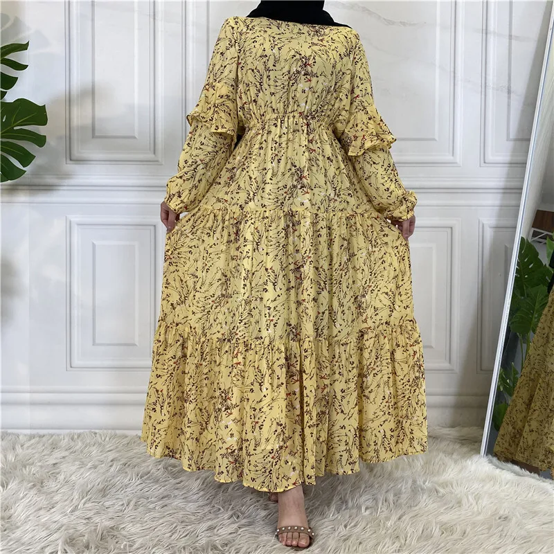 فستان شيفون عصري جديد مطبوع بأكمام طويلة 6564 فستان إسلامي طويل رداء عباية رمضان دبي إسلام فاخر أنيق