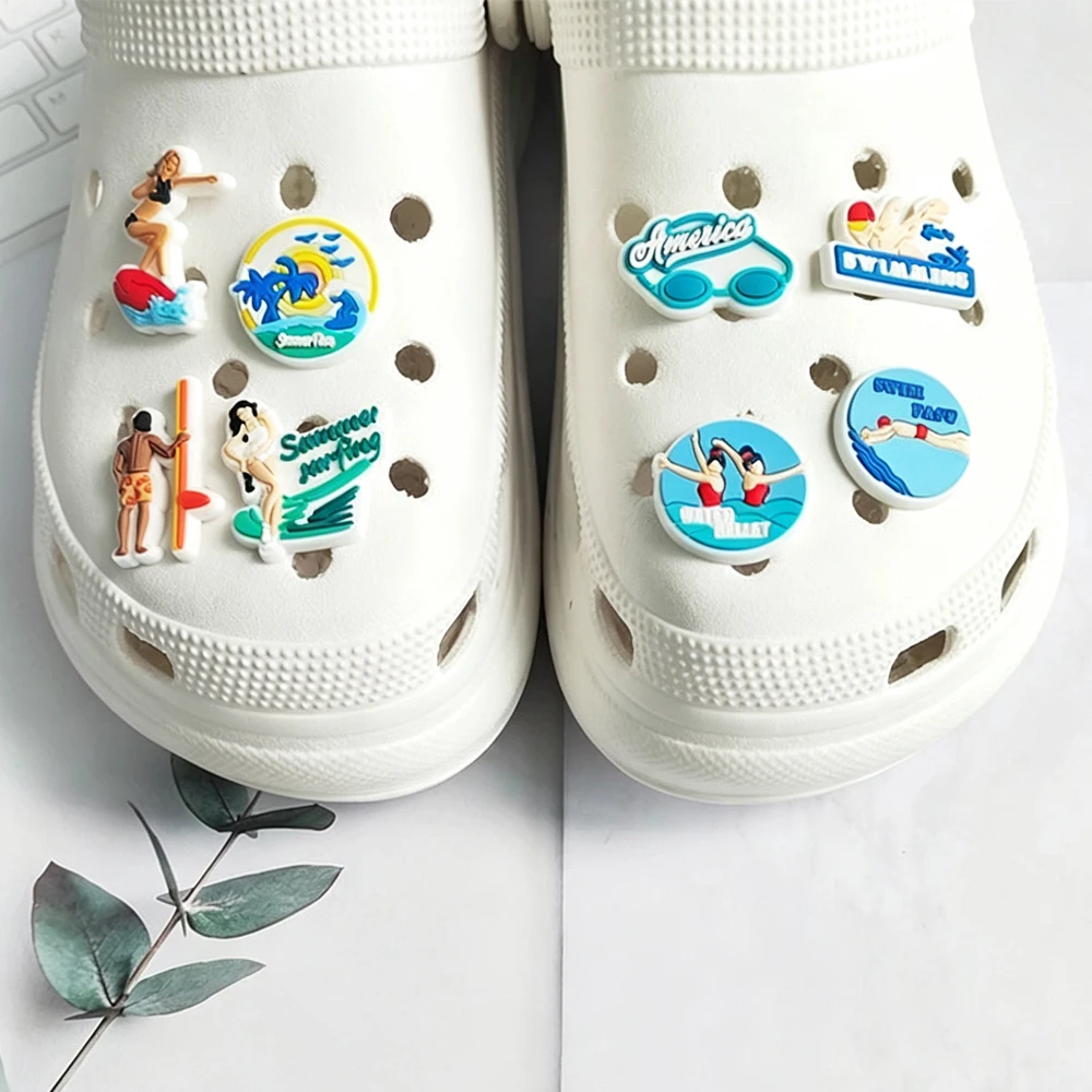 8-20PCS Swim Surfing Swimming Cap Shoe Charm Wholesale PVC clog Wristband Bag Decor Buckle Sandal Detachable Waterproof XmasGift