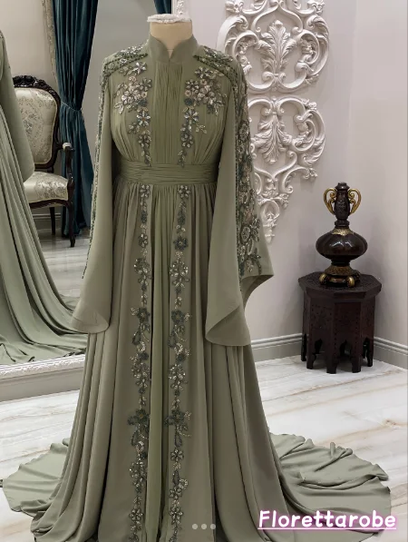 Florettarobe Marokkanisches Kaftan Muslimisches Abendkleid A-Linie Lange Ärmel Chiffon Applikation Dubai Arabisch Abaya Islamisch Maßgeschneidert – Detail 4