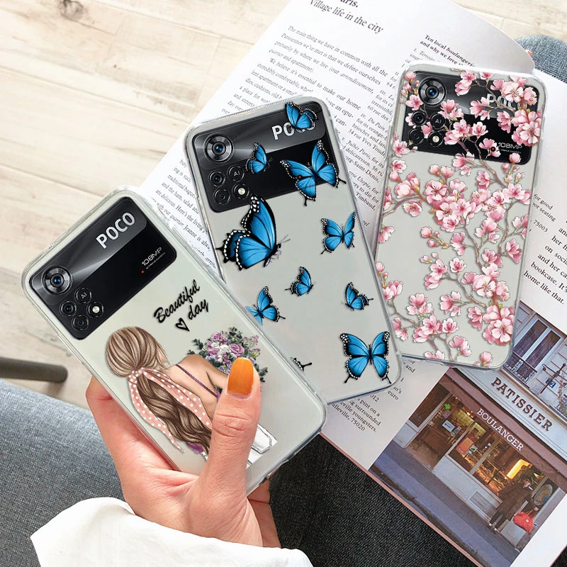 Flowers For Poco X4 Pro 5G Poco M4 Pro Soft Silicone Phone Cases Transparent Back Cover Butterfly Case For Xiaomi Poco X4 Pro