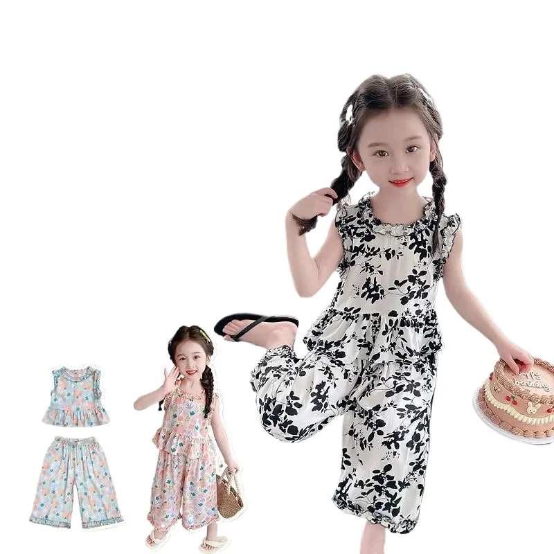 

Kids Clothes Girls Summer 2Pcs Set Floral Sleeveless Tops +7 Point Wide Leg Pants Kids Baby Girl Clothes Girl Boutique Set 2-10Y