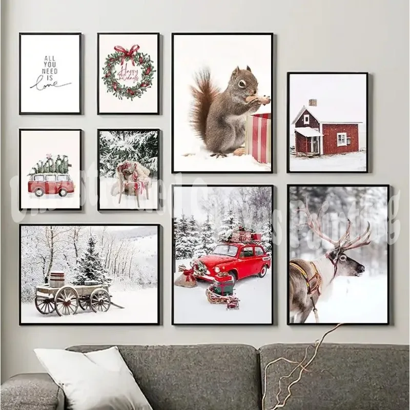 

Christmas Red Car Home Elk Squirrel Wall Art Canvas Painting Holiday Living Room Decoration Posters And Prints Wall Pictures