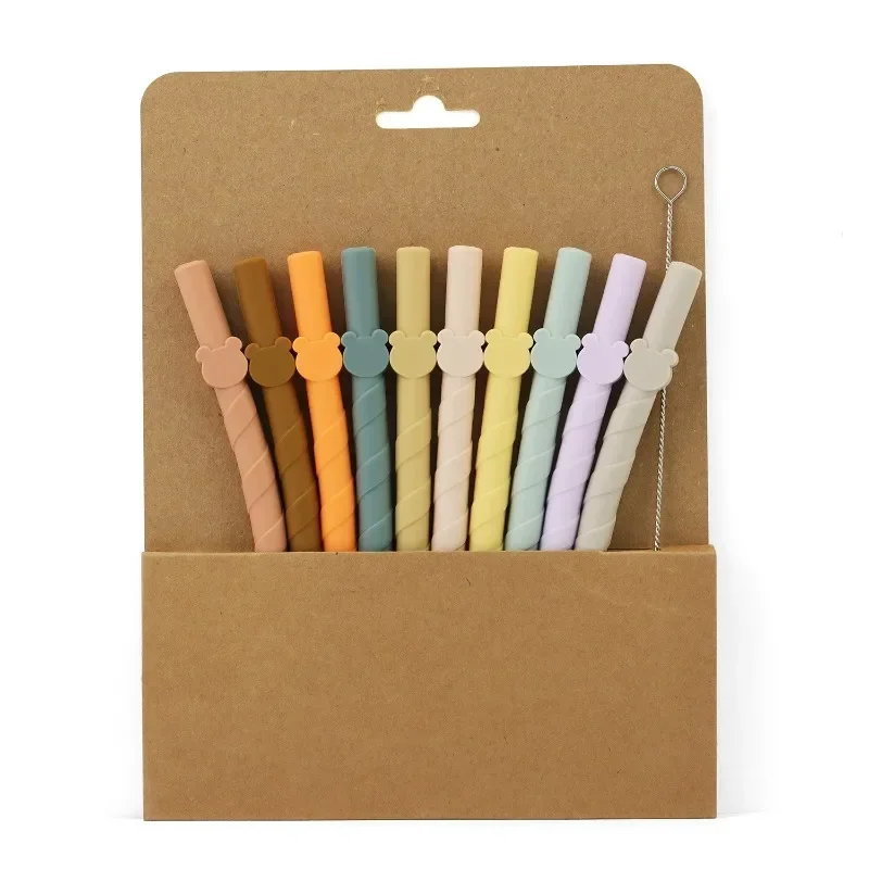 10Pc Reusable Silicone Straws Colorful Straight Straws Easy-to-clean Food-grade BPA Free Household Children Milk Drink Straws
