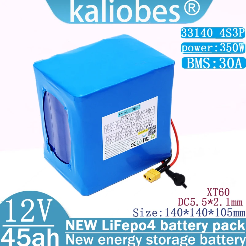 New 12V 45ah LiFePo4 battery pack, lithium iron phosphate rechargeable battery 4S3P 33140, built-in BMS 0-350W, high-power motor