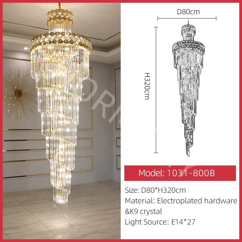 Moderne luxe trappen grote kristallen kroonluchters hanglamp villa hotel lobby loft woonkamer decoratie draaiende lange hanglamp
