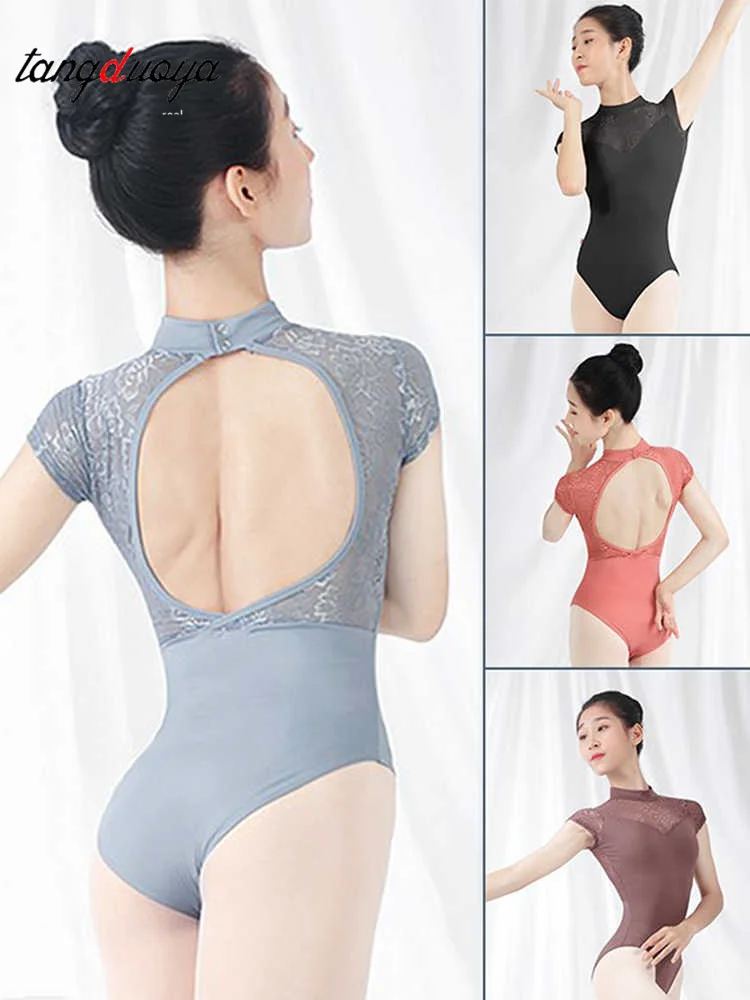 Women Ballet Leotards Dance Bodysuits Dance Wear Lace Short Sleeve Sexy Dance Clothes Gymnastics Leotards for Girls Adult
