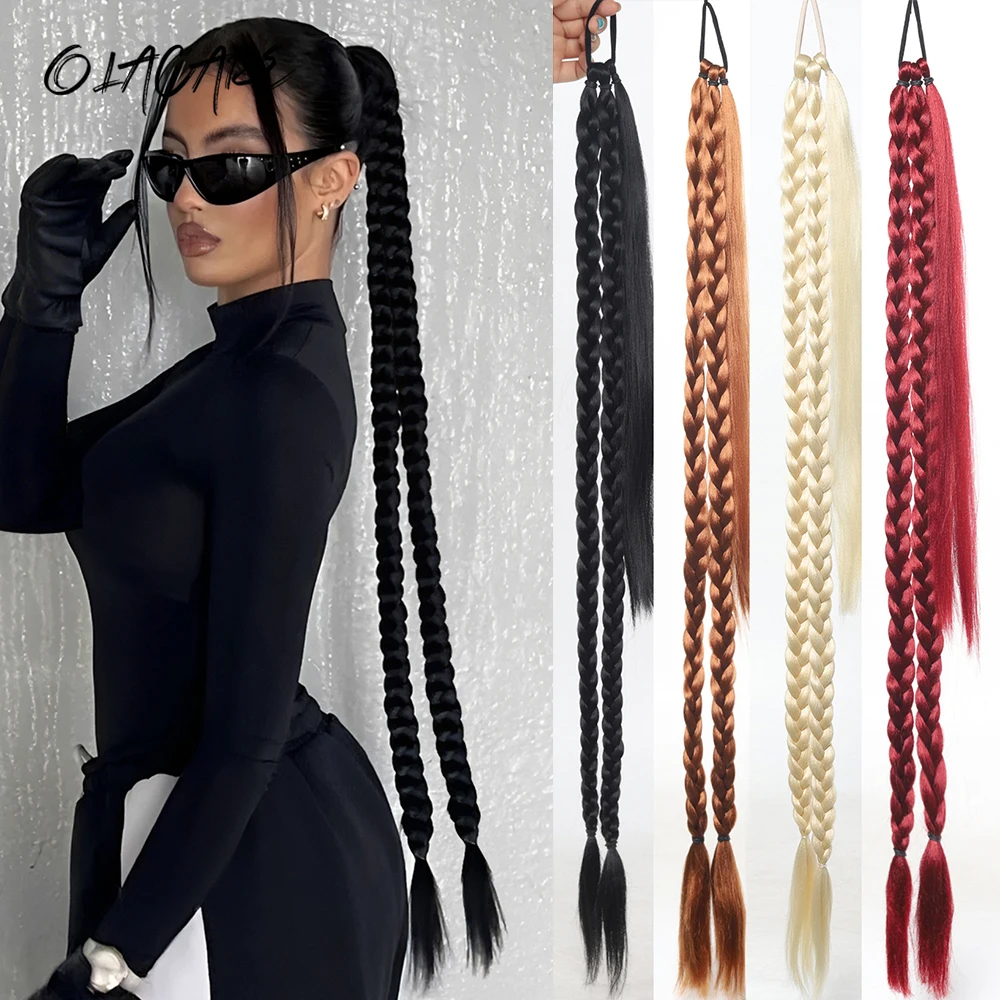 30inch Synthetic Long Straight Braided Ponytail Two braids Braided with Elastic Rubber Band Hair Extensions Women Daily Party