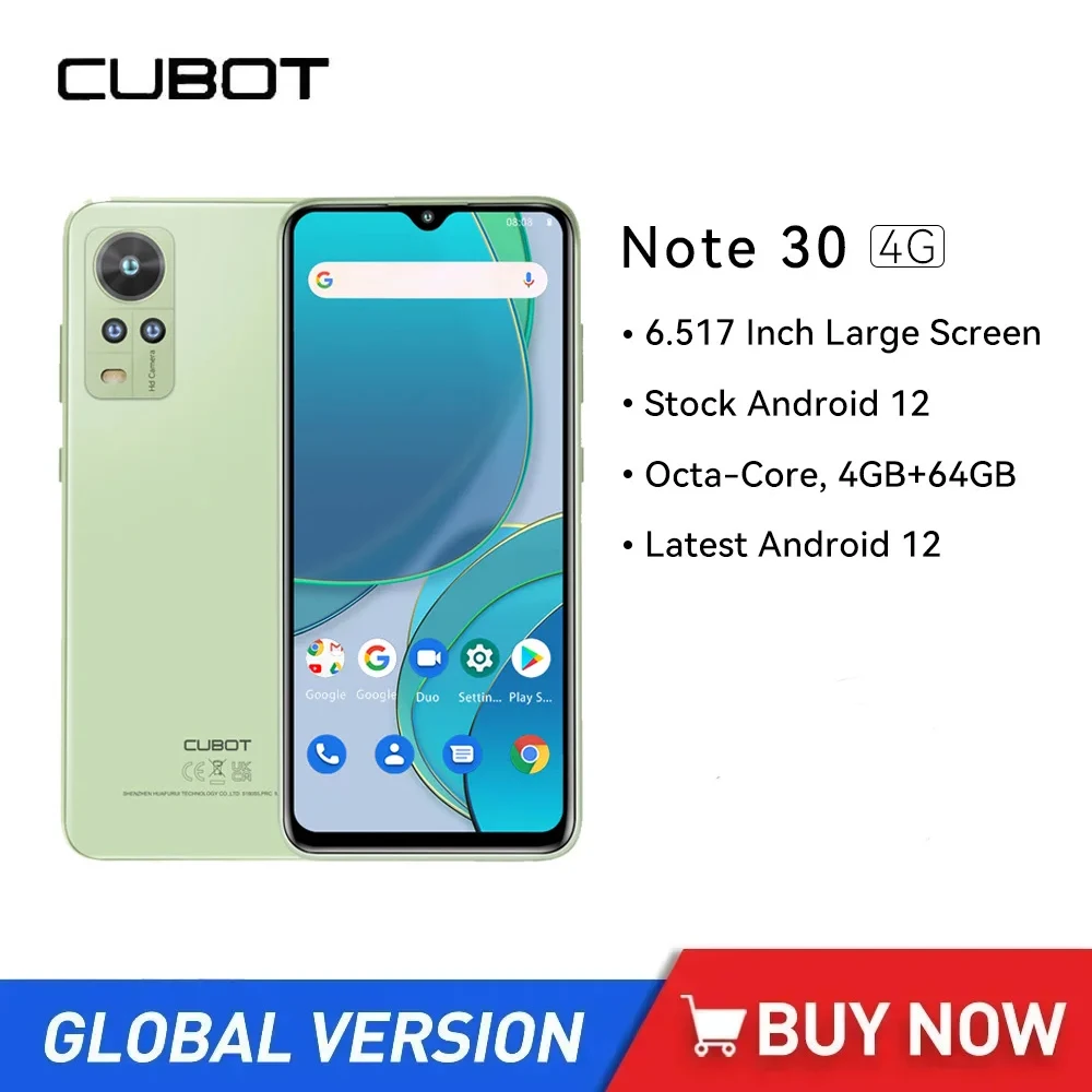 New Cubot Note 30 Ultra-thin Smartphones Octa Core 4GB+64GB Android 12 Mobile Phone 6.517Inch Dual SIM 4000mAh 20MP Camera Phone