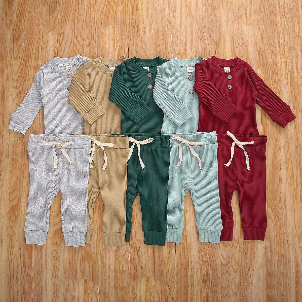 Newborn Baby Boys Girls Clothes Set Autumn Button Cotton Solid Ribbed Long Sleeve Jumpsuit+Pants 2Pcs Outfits Suit Pajamas Set