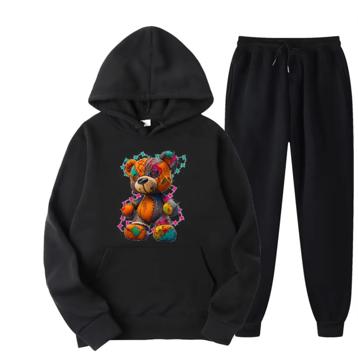

Men's Autumn and Winter 100 Pure Cotton Fashionable Casual Sports Loose Color Bear Pattern Printed Sweatshirt Set