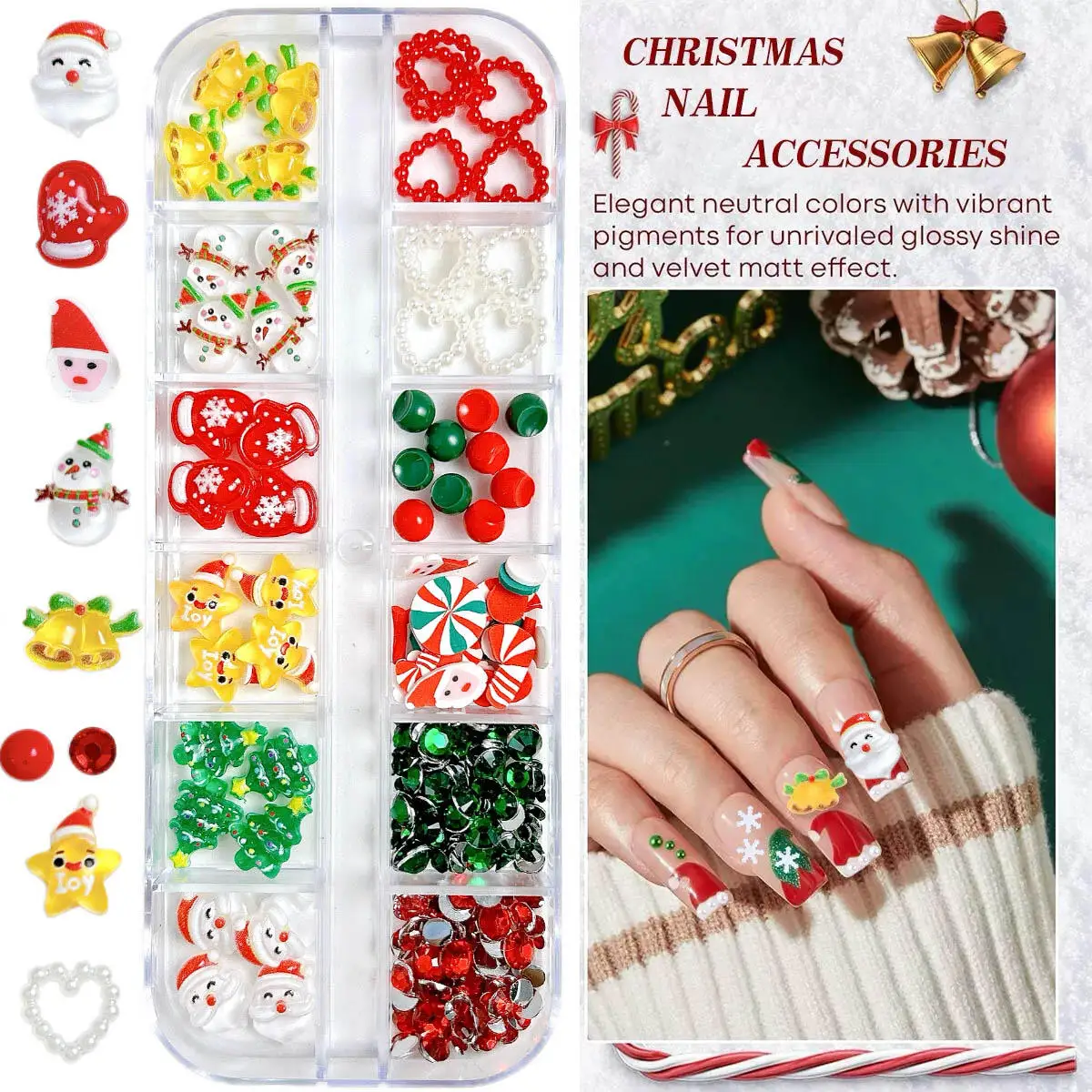 

1 Box Cute Cartoon Resin Christmas Series Nail Charms Santa Claus Snowman Rhinestone Heart Nail Art Decoration For Manicure DIY.