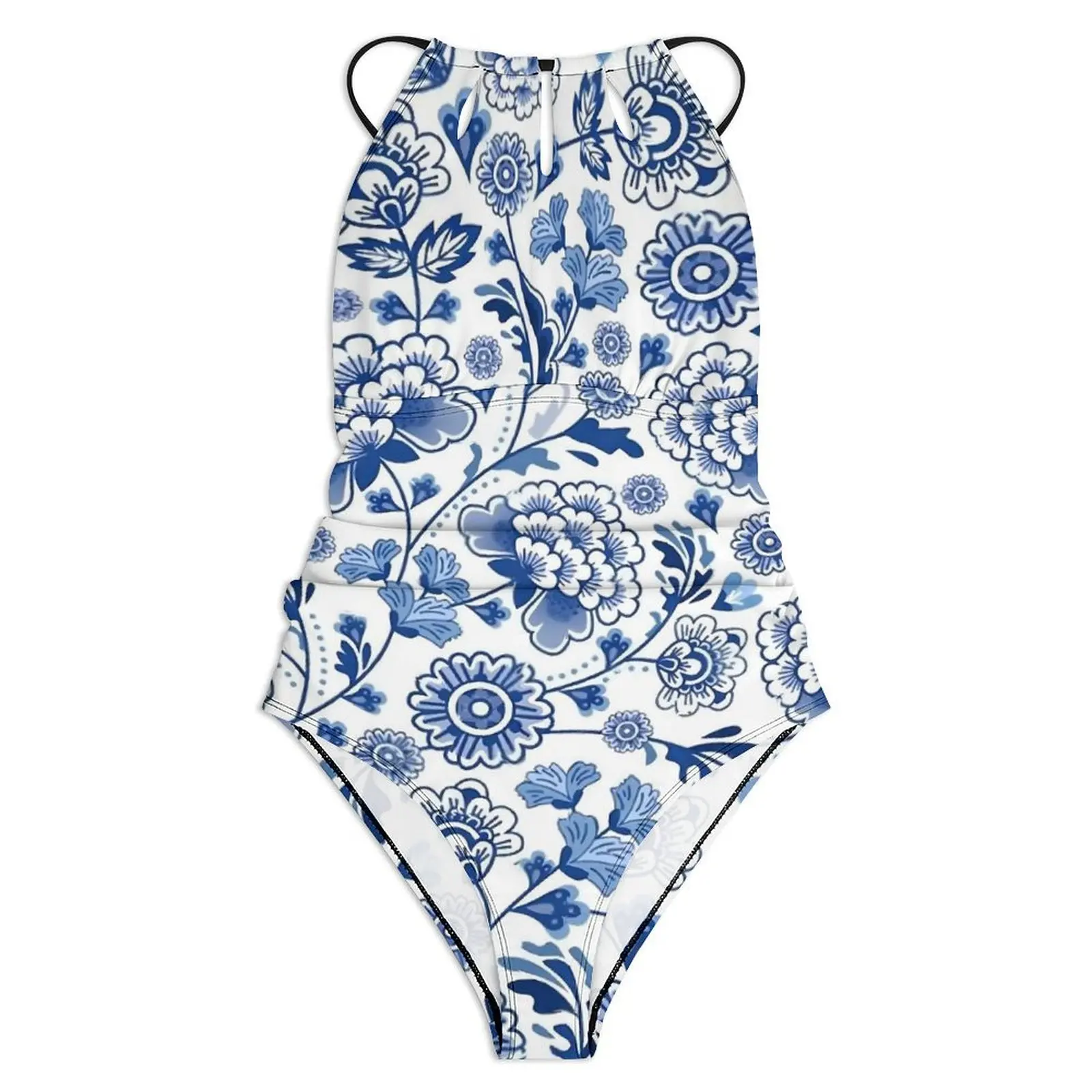 Blue Flower Swimsuit Sexy Chinese Porcelain Design One-Piece Swimwear Push Up Swimsuits Modern Surfing Monokini