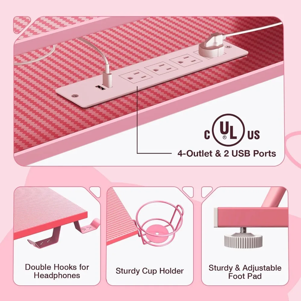 Gaming Desk 50.4” with LED Strip & Power Outlets, L-Shaped Computer Desk Carbon Fiber Surface with Monitor Stand