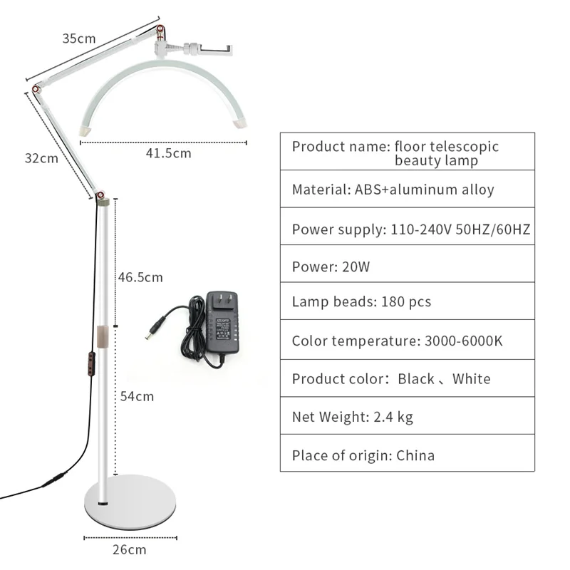 16 Inches 20W LED White Half Moon Lash Light Temperature 3000K-6000K Floor Photography Light for Beauty Facials Skincare Lamp