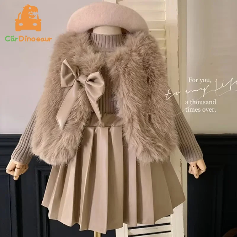 

2025 Winter 2 3 4 5 6 8 10 Years Children Suits Birthday Gift Princess Knitted Tops+Vest +Skirt 3 pieces Set For Kids Baby Girl