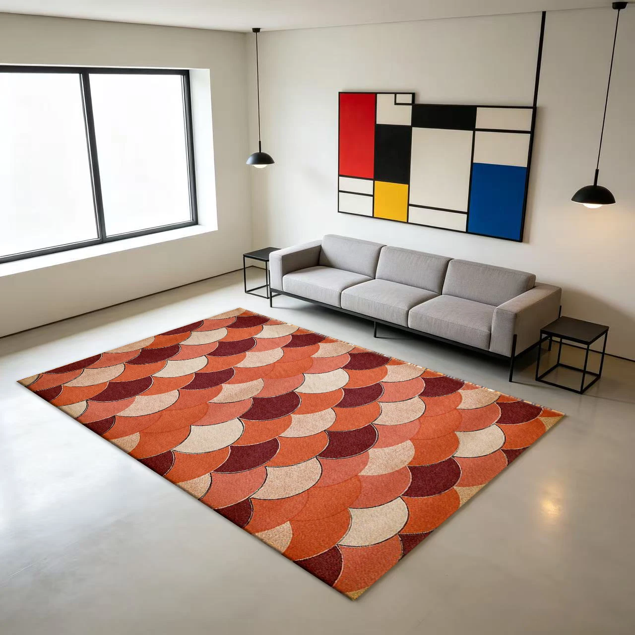 Vintage Art Deco Overlapping Scale Geometric Carpet Floor Decoration Warm Orange Wine Red Abstract Floor Rug Suitable for Home Living Room Decoration