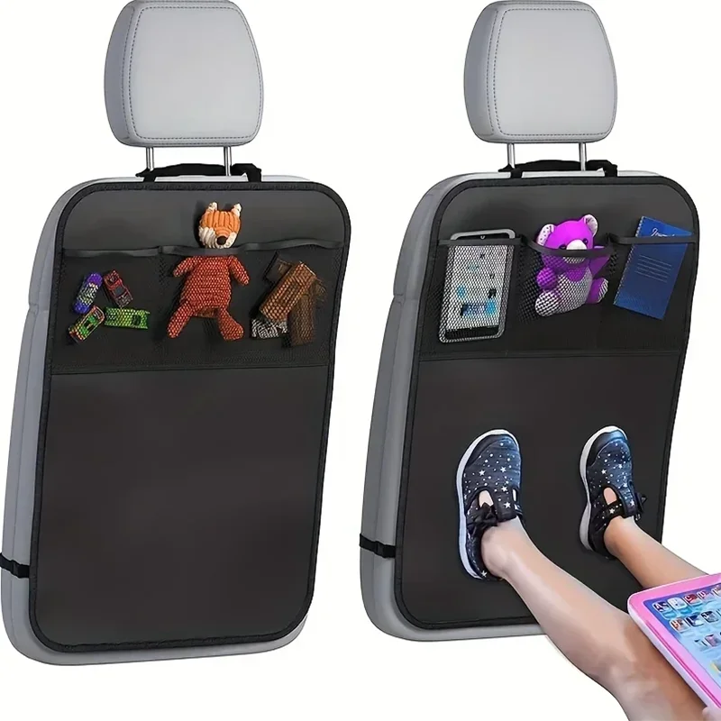 Black Seat Cover for Kids with 3 Pocket Storage Organizer, Waterproof Kick Mats Backseat Protector, Car Seat Back Protectors view 2