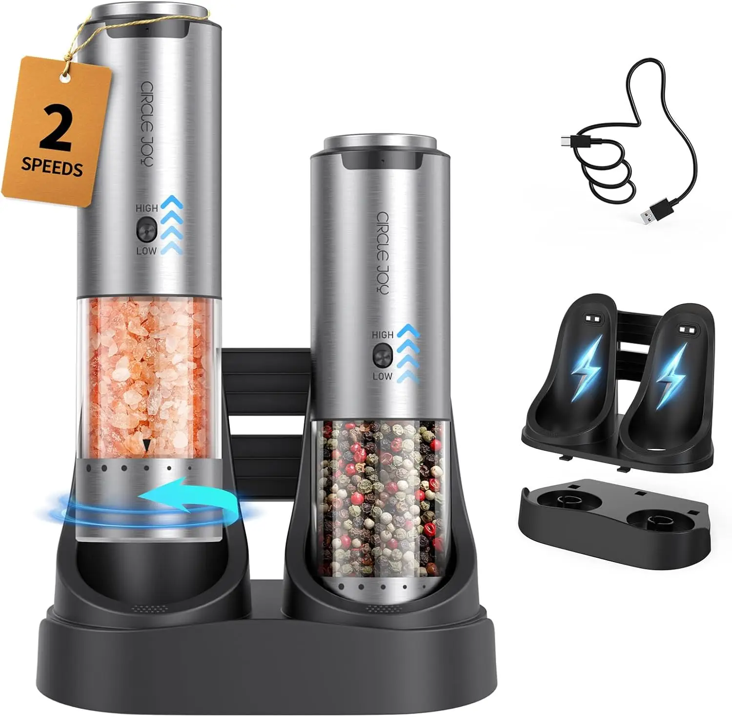 

Rechargeable Electric Salt & Pepper Grinder Set with Adjustable Speed, Coarseness, Charging Base & LED Light, Silver