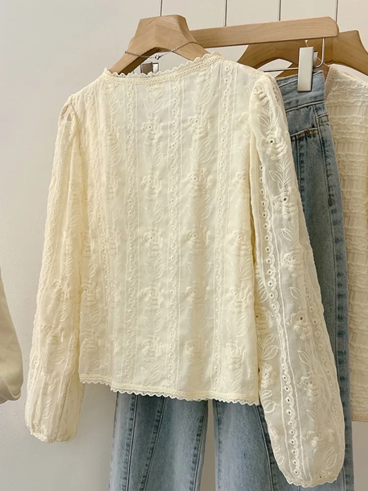 Ele Long Sve pizzo ricamato irt donna primavera autunno Faion colletto quadrato abbottonatura top in chiffon Age Defng