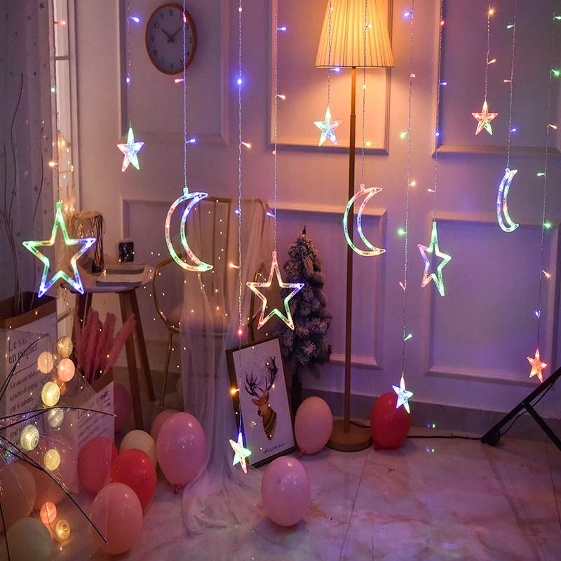 รอมฎอนตกแต่ง 2025 Star Moon Curtain Garland String Light Aid EID Mubarak สําหรับ Home อาหรับอิสลามมุสลิม party Supplies