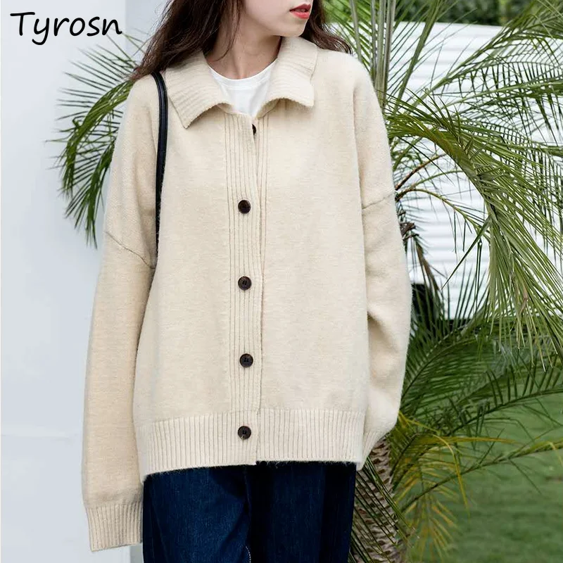 

Women Cardigans Turn-down Collar Solid Tender Students Thicken Knitwear Single Breasted Preppy Style Coats Casual Retro Sweaters