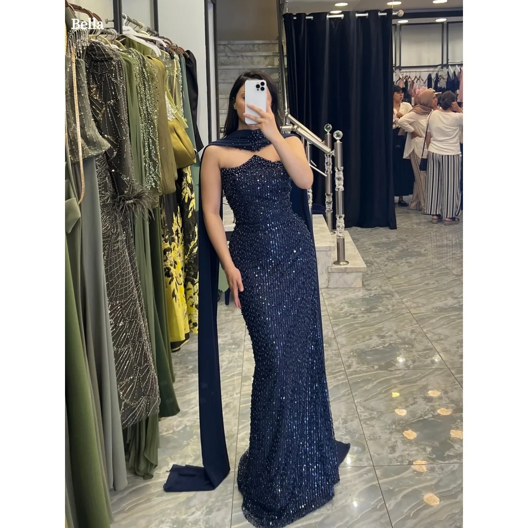 

Bella Customized Navy Blue Sequin Party Dresses Strapless Cutout Bodice Prom Dress Chiffon Cape Fitted Mermaid Gown Floor Length