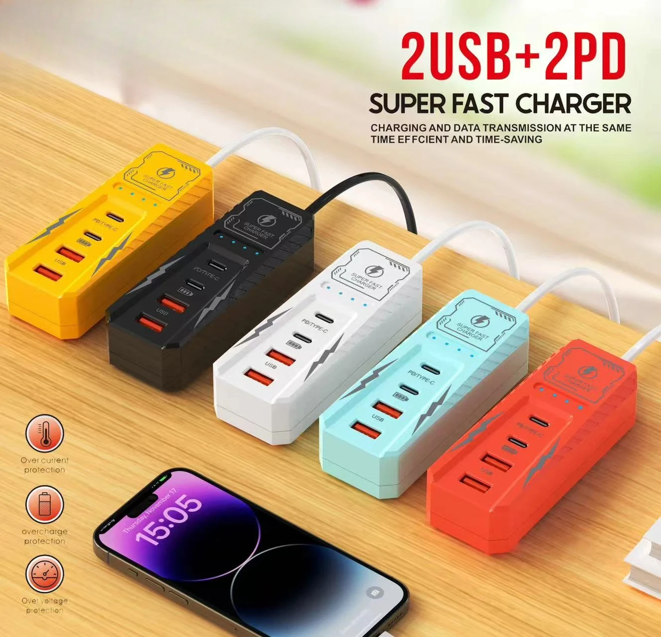 متعدد 4 منافذ USB مقبس شاحن نوع C شحن سريع الهاتف قطاع الطاقة آيفون 16 شاومي سامسونج الاتحاد الأوروبي/الولايات المتحدة/المملكة المتحدة التوصيل الجدار شاحن