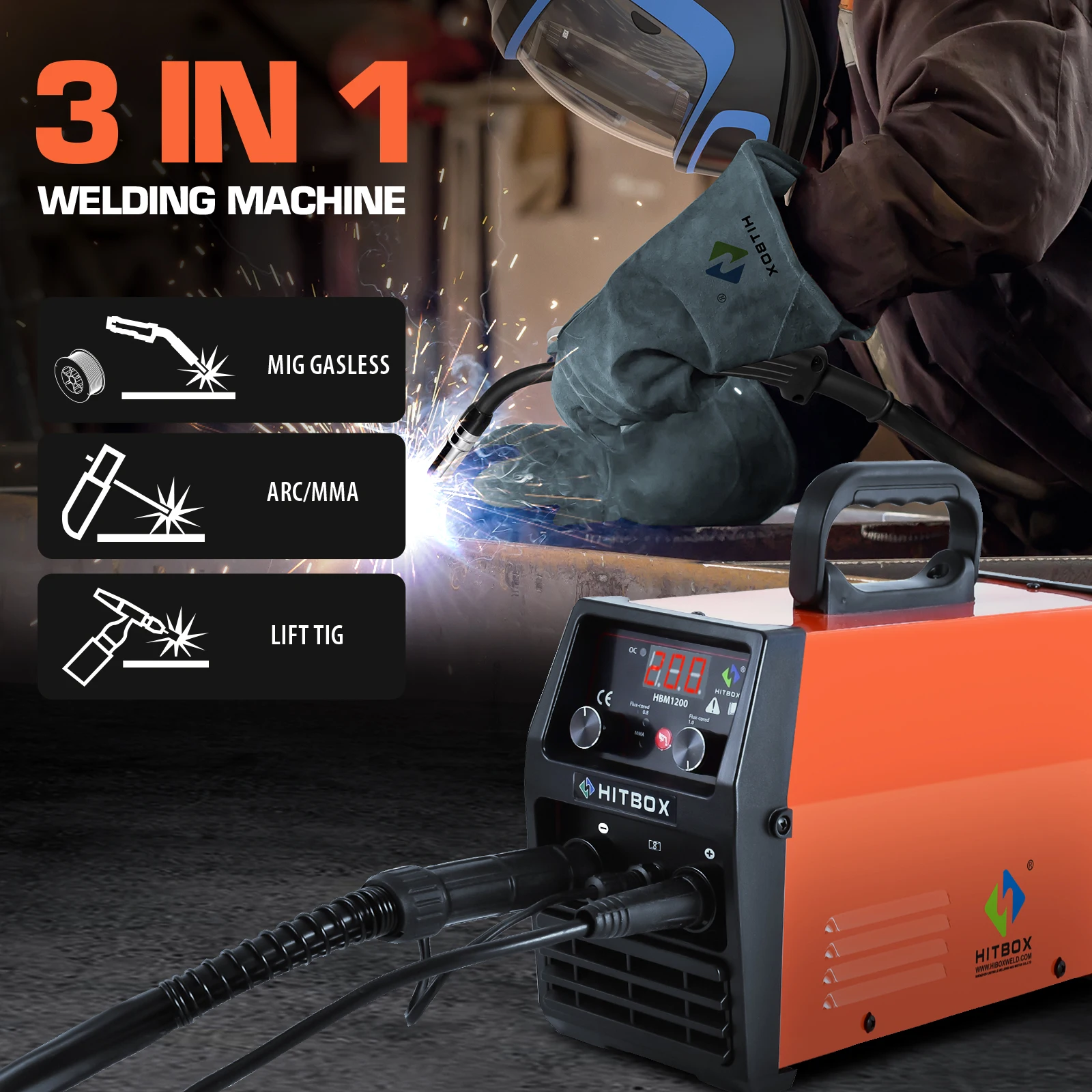 HITBOX Semi-Automatic Welding Machine 3 In 1 Tig Argon Arc MIG Inverter Welding Machine 110v 220V Gas-Less HBM1200