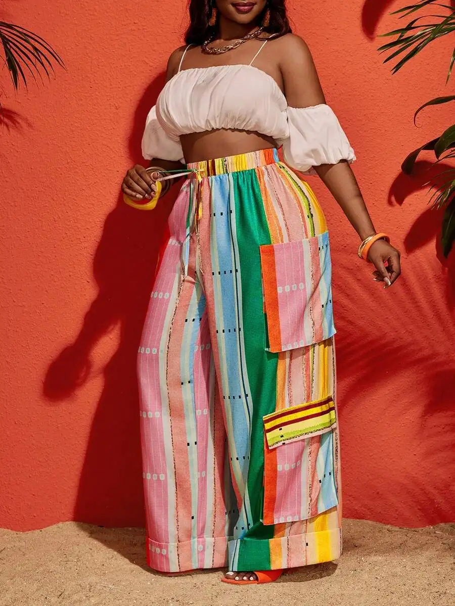2025 Spring/Summer New Music Festival Elegant African Striped Patchwork Print Linen Cargo Pants For Plus Size Women
