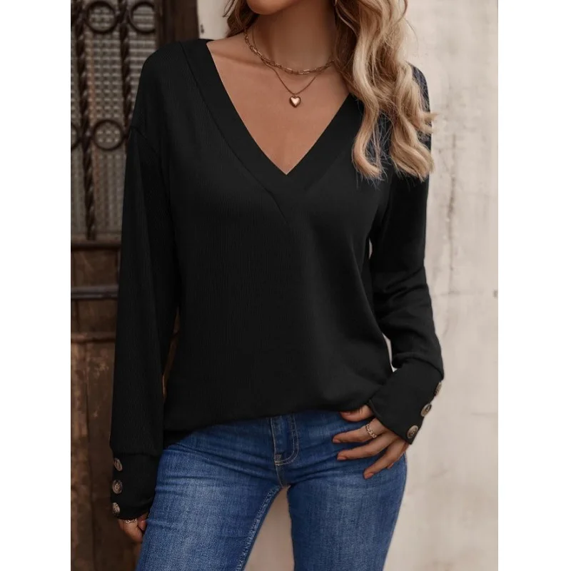 Tops Women Top V Neck Full Sleeve Loose Y2k Streetwear Elegant Splice Casual Work Buttons Basic Shirts Simple 2026 Autumn Winter