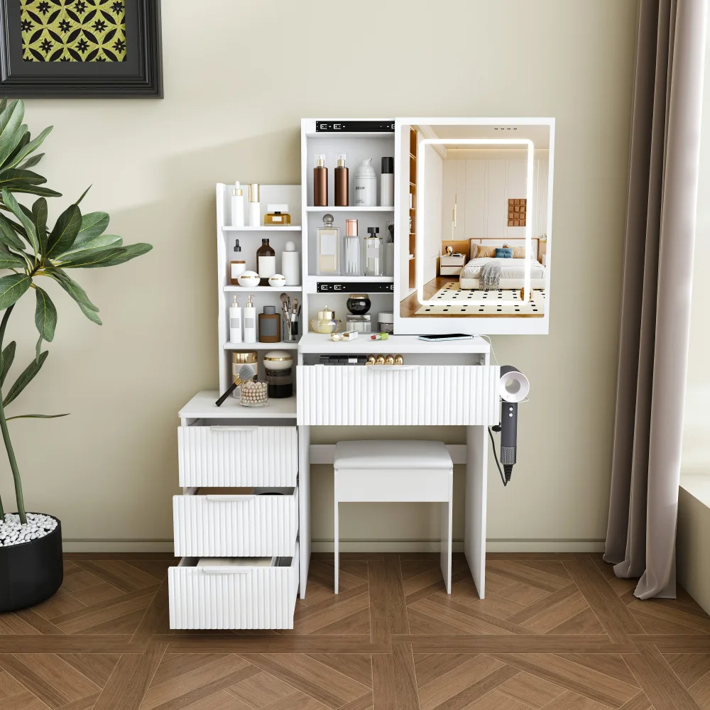 Orraves Modern Vanity Desk, Featuring 3 Modes of LED Lighting with Adjustable Brightness, with 4 Drawers and Multiple Open Storage Shelves, with a Hair Dryer Holder and Power Socket, a Dressing Chair, White