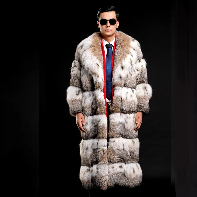 Ftangaiur Winter Men Import Top Lynx Fur Coat Turn-Down Collar Lynx Jackets Men's X-Long Loose Causal Real Natural Fur Coats